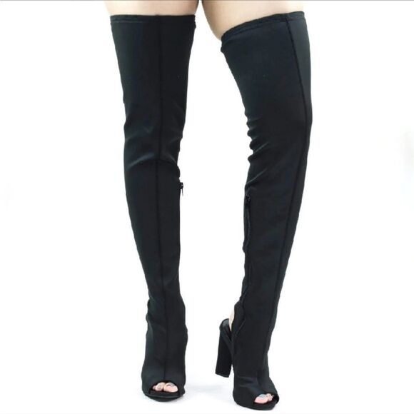 NIB Over Knee Thigh High Boots Block Heel Black with Gold Glitter Flecks - Picture 2 of 8